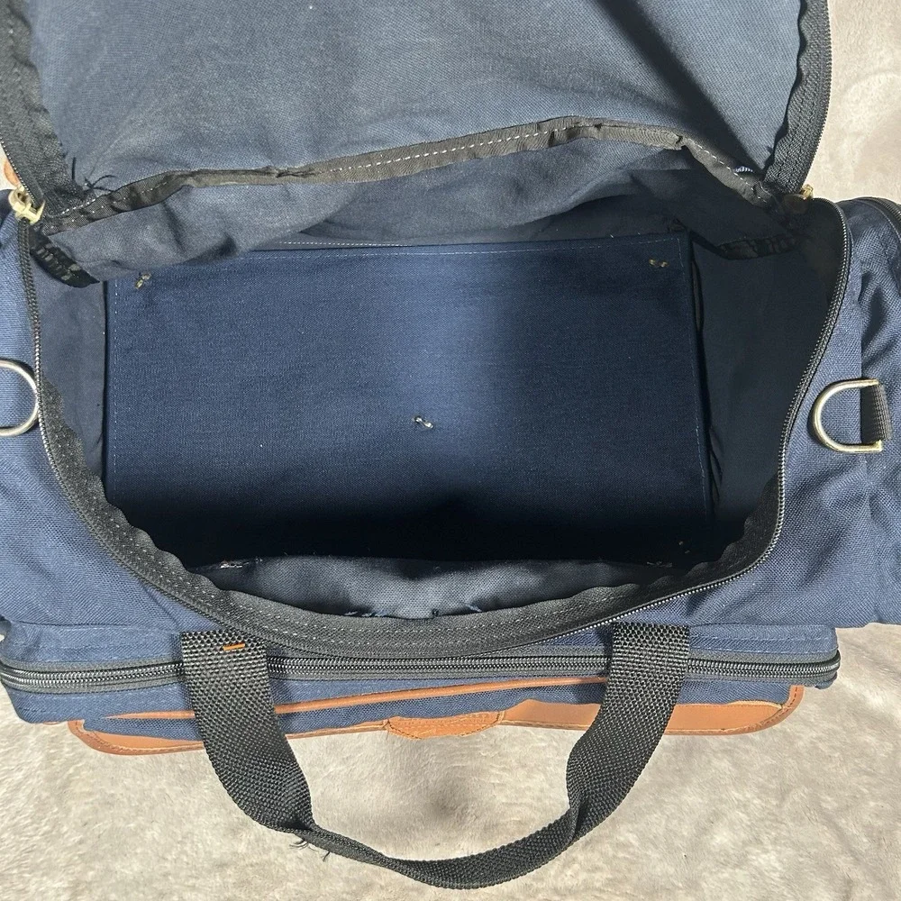 Vtg LL Bean Navy Canvas Leather Duffle Bag Shoulder Strap 22x12x10 43L